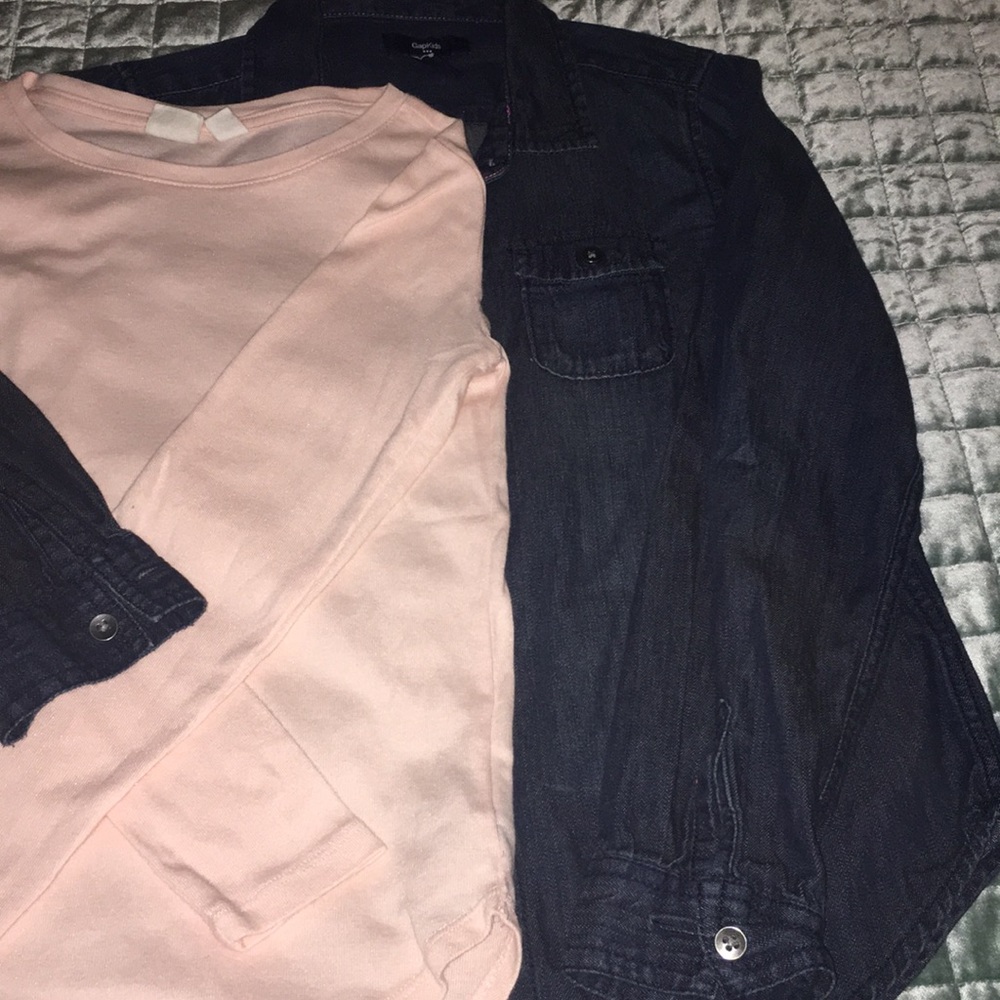 Dark wash denim button down and peach long sleeve